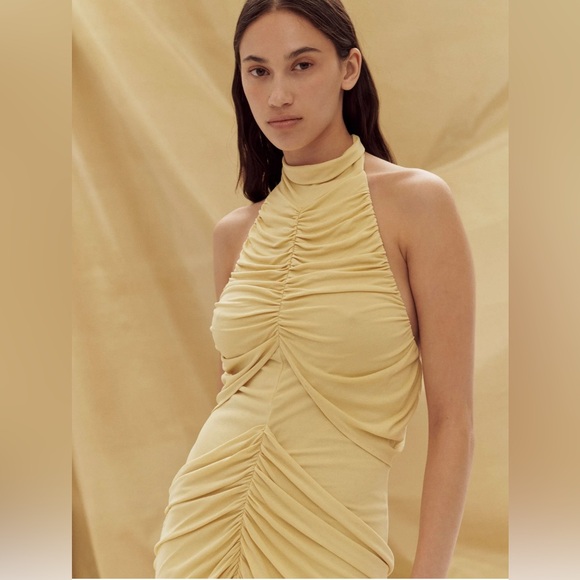 Paris Georgia Roxie Gathered Draped Halter Knit Maxi Dress Gown Butter Yellow M - Picture 16 of 16